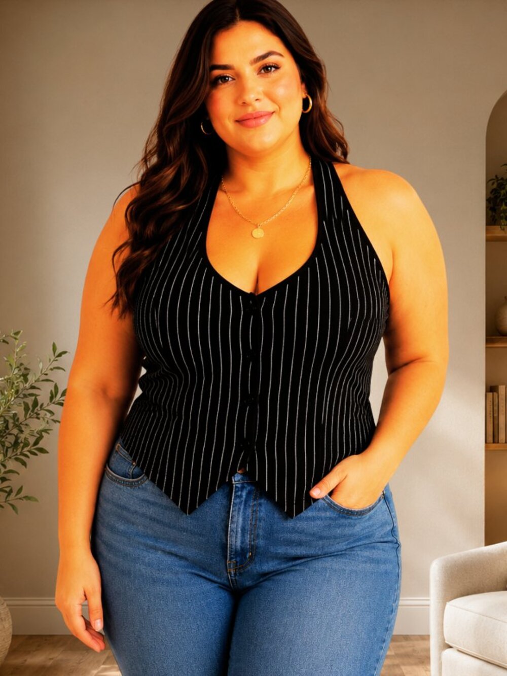 SHEIN Curve 0XL Black Pinstripe Racerback Button Front Stretch Vest Top